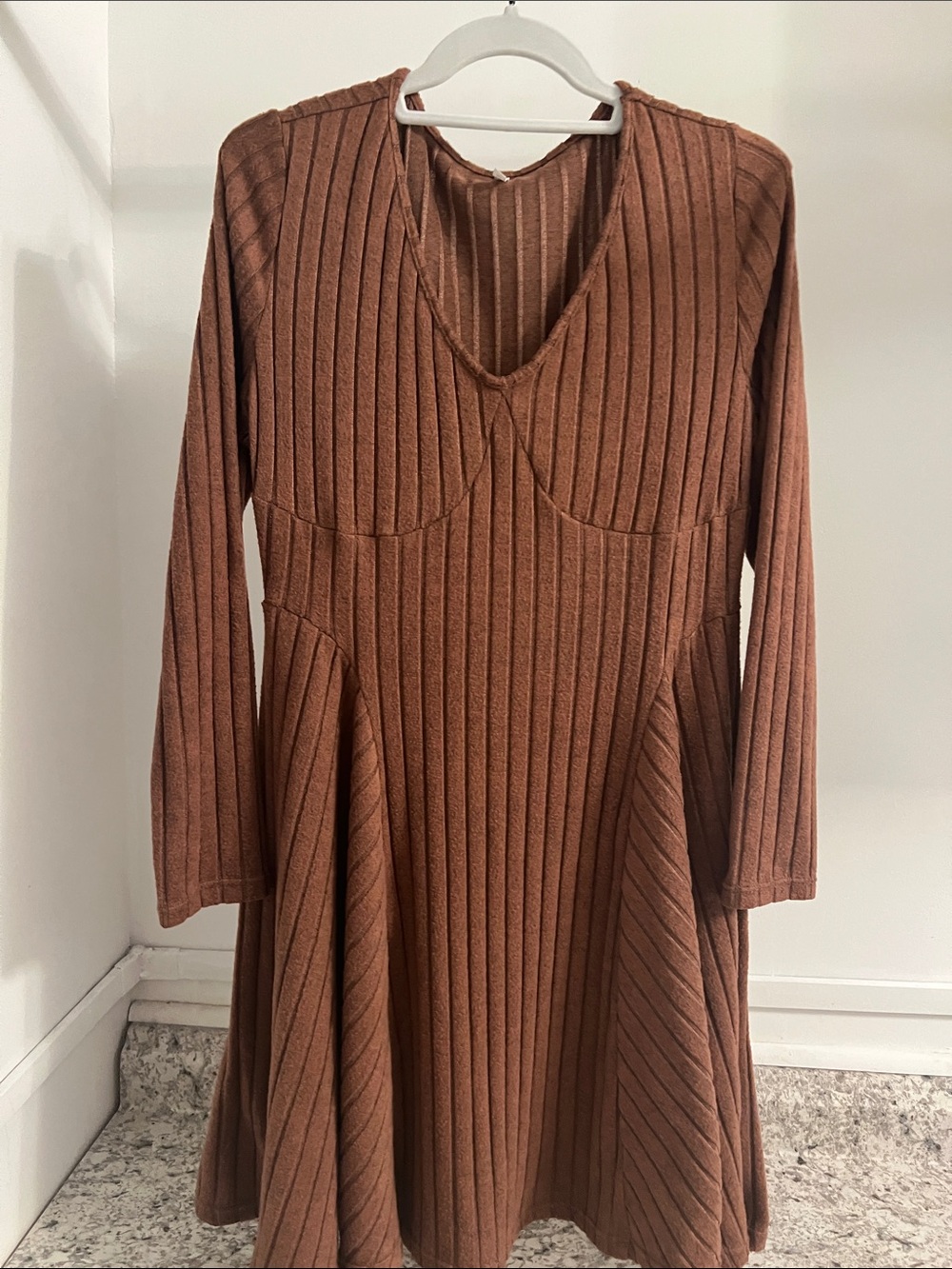 HALARA Ribbed Long Sleeve Mini Dress in Brown